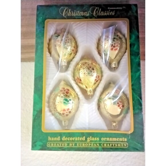 5 VTG Commodore Christmas Classics Glass Ornaments White w/Red Swag Glittery - Picture 2 of 8